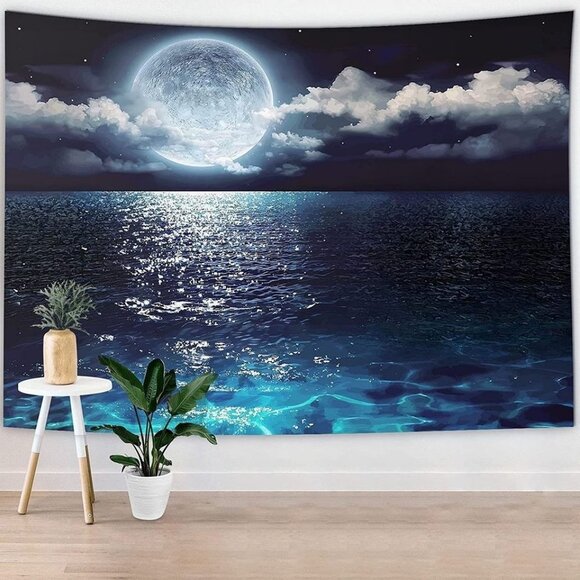 Wall Hanging Tapestry, Moon over the Sea Tapestry, Moon Tapestry, Sea Tapestry - Picture 1 of 7